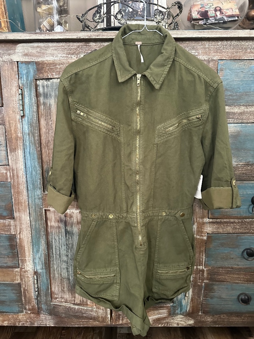 FREE PEOPLE ROMPER JUMPSUIT DRESS ARMY GREEN MILITARY SZ 0 NWT